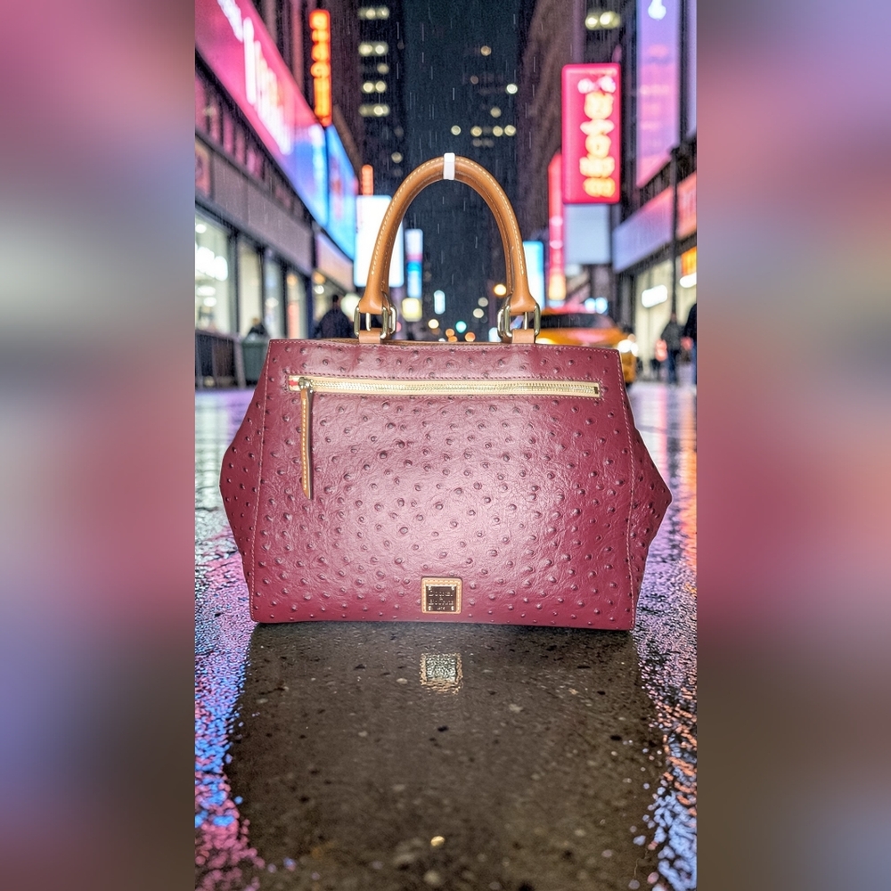 Dooney & Bourke Burgundy Ostrich Zip Satchel With Tan Handles